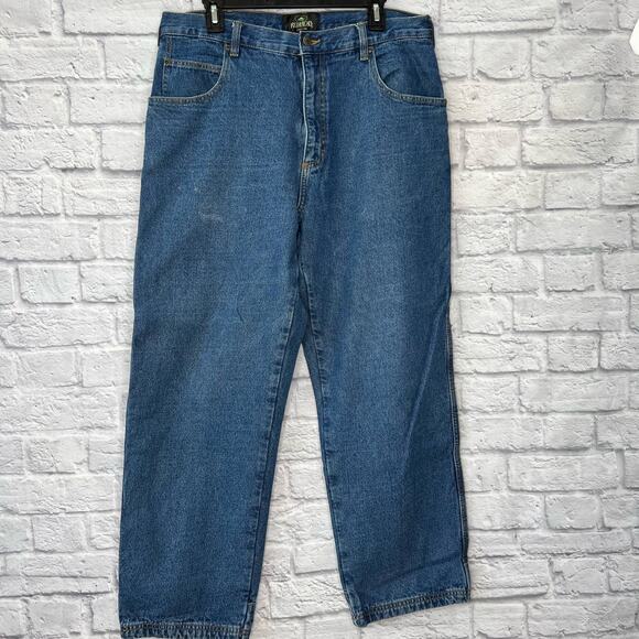 Redhead Fleece Lined Mens Blue Jeans Size 35x30 Red Plaid Carpenter - Picture 1 of 6